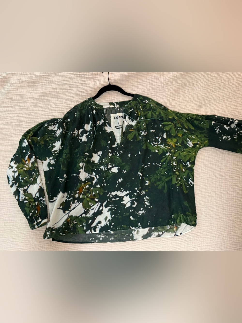Anntian Green Leaf-Print Peasant Tunic one size